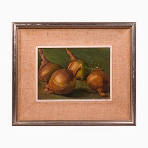 Still Life Study of Onions, Oil on Board, Framed
