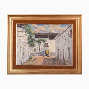 Large Spanish Courtyard Scene with Cockerel, Oil on Canvas, Framed