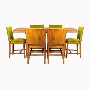 Art Deco English Walnut Dining Table and Chairs, 1930s, Set of 7