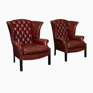 Set of Vintage English Leather Clubhouse Wingback Armchairs, 1950s