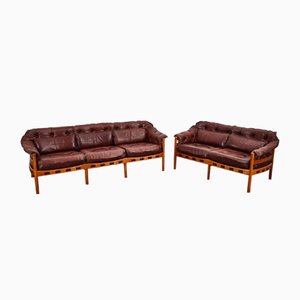 Vintage Burgundy Leather Teak Sofa Set from Arne Norell, 1960s, Set of 2