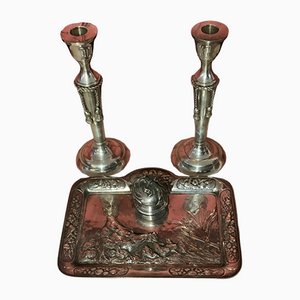 Große silberne Kerzenhalter aus Metall & silbernes Tintenfass aus Bronze, 3er Set