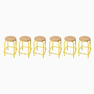 Industrial French Yellow High Stools, 1970s, Set of 6
