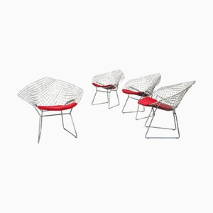 Mid-Century American Red Upholstery and Steel Diamond Armchairs by Bertoia for Knoll, 1970, Set of 4