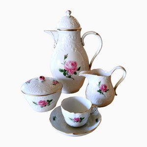 Service à Café Meissen en Porcelaine Rose et Décorations en Relief avec 11 Tasses, Set de 25