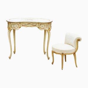 Louis XV French Painted Dressing Table or Vanity and Chair, 1950s, Set of 2