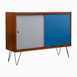 Teak Sideboard with Colored Sliding Doors & New Hairpin Legs, 1960s