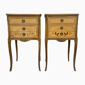 Early 20th Century French Marquetry Bedside Tables and Bronze Hardware, Set of 2
