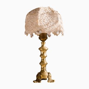 Vintage Brass Base Table Lamp with Hand Sewn Organza Friezes and Pearls Lampshade