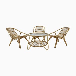 Garden Rattan Table and Armchairs by Alan Fuchs, 1970s, Set of 4