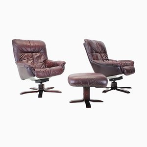 Scandinavian Leather Swivel Chairs with Footrest, 1970s, Finland, Set of 3