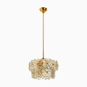 Small Floral Glass and Brass Three-Tier Light Fixture, 1970s