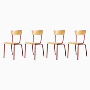 French Model 511 Stacking School Dining Chairs in Red from Mullca, 1970s, Set of 4