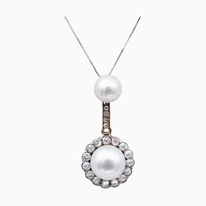 Pearl & Diamond 18 Karat Rose Gold and Silver Necklace