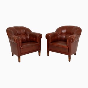 Antique Swedish Leather Club Armchairs, Set of 2