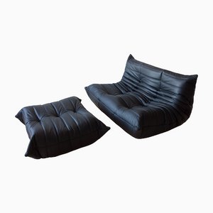 Black Leather Togo 2-Seat Sofa & Pouf by Michel Ducaroy for Ligne Roset, Set of 2