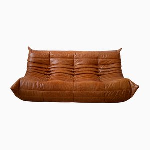 Vintage Pine Leather Togo 3-Seat Sofa by Michel Ducaroy for Ligne Roset