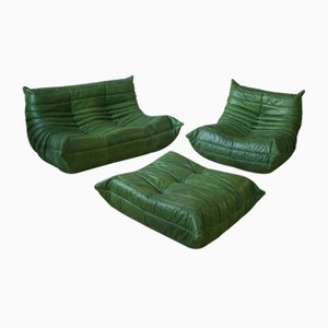 Vintage Togo Wohnzimmergarnitur aus grünem Leder von Michel Ducaroy für Ligne Roset, 3er Set