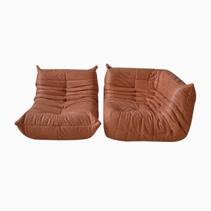 Peach Leather Togo Lounge & Corner Seat by Michel Ducaroy for Ligne Roset, 1970s, Set of 2