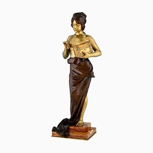 Art Nouveau Bronze Sculpture, Standing Woman with Jewelry Casket by Emmanuel Villanis