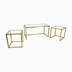 Italian Postmodern Brass Steel and Glass Nesting Tables, 1970s, Set of 3