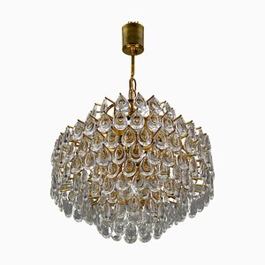 Mid-Century Crystal Glass and Gilded Brass Seven-Light Chandelier from Palwa