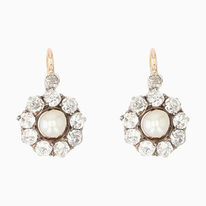19th Century French Natural Pearl Diamond 18 Karat Rose Gold Lever-Back Earrings