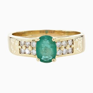 French Modern Emerald Diamond 18 Karat Yellow Gold Ring