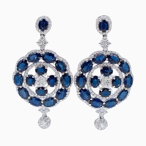 Boucles d'Oreilles Saphir Bleu, Diamant et Or Blanc 18 Carats