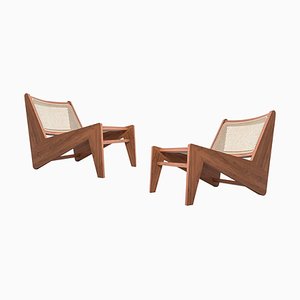 Set of Low Kangaroo Armchairs in Wood and Woven Viennese Cane by Pierre Jeanneret for Cassina