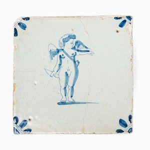 17th Century Dutch Delft Earthenware Tile with Cupid