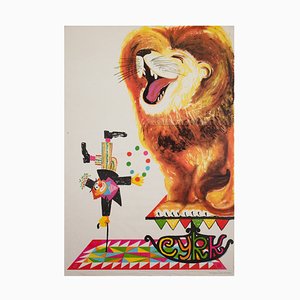Poster di clown e leone di Miedza-Tomaszewski, Polonia, 1982