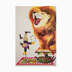 Póster polaco de payaso y león de Miedza-Tomaszewski, 1982