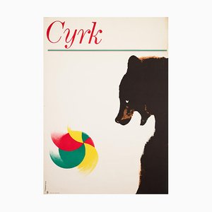 Póster de circo polaco de oso con bola, años 70