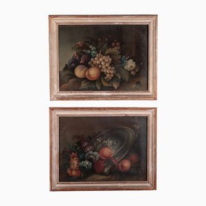 Natura morta con fiori e frutta, Italia, XIX secolo, olio su tela, con cornice, set di 2