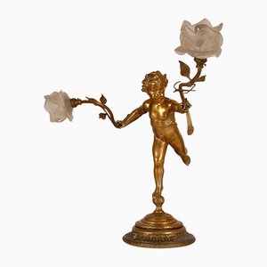 Lampada da tavolo vittoriana in bronzo dorato con paralumi in vetro, Francia