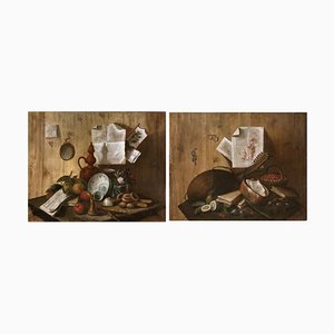 Still Life Paintings, 1700s, Oil on Canvas, Framed Set of 2