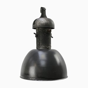 Vintage Belgian Industrial Black Enamel Cast Iron Pendant Light