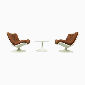 Vintage Leather F976 Lounge Chairs by Geoffrey Harcourt and Matching Small Coffee Table by Pierre Paulin for Artifort, 1970s, Set of 2