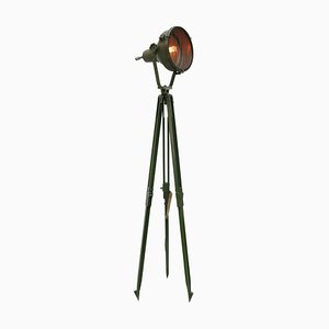 Vintage Industrial Green Metal & Wooden Tripod Glass Spot Light Floor Lamp