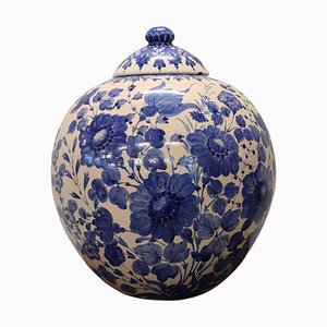 Italian Florentine Ceramic Vase with Blue Floral Decorations, 1930s