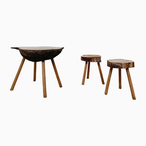 Brutalistic Wooden Stools and Table, Set of 3