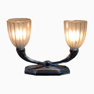 Art Deco Chromed Steel and Frosted Glass Tulips Lamp
