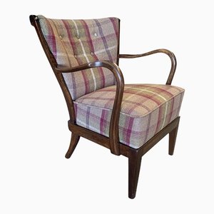 Art Deco Danish Oak Bentwood Armchair with New Plaid Upholstery from Fritz Hansen, 1940s