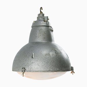 Vintage French Industrial Gray Metal Round Clear Glass Pendant Light