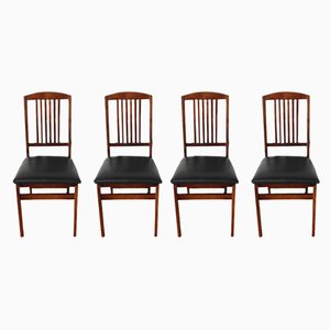 Vintage Folding Chairs in Wood and Leather, Set of 4