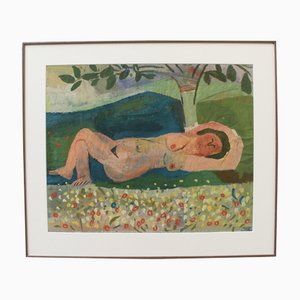 Raymond Debiéve, Reclining Nude en Plein Aire, 1960s, Gouache on Art Paper, Framed