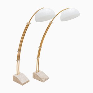 Brass Adjustable Arc Floor Lamps with Marble Bases, Italy, 1970s, Set of 2