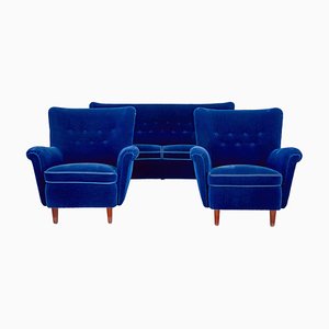 Mid 20th Century Blue Living Room Set, Set of 3