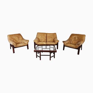 Mid-Century Sofa Set aus Bambus & Leder, 1970er, 4er Set